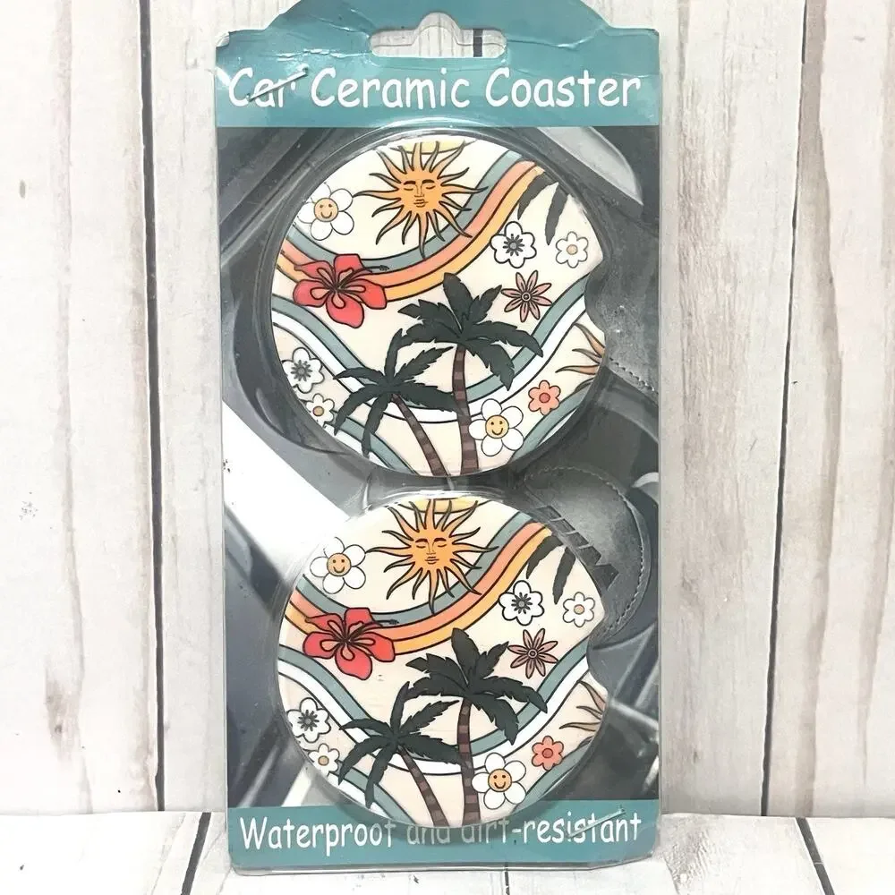 Car Ceramic Coasters Sun and Palm Trees Waterproof and Dirt Resistant